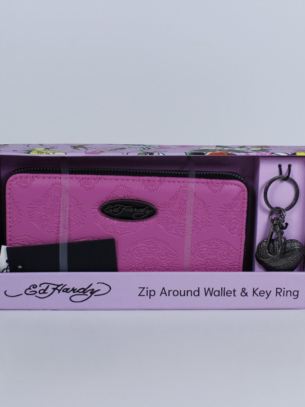 New Ed Hardy Set: Large Fuchsia Pink Zip-Around Wallet +‎ Heart Keychain